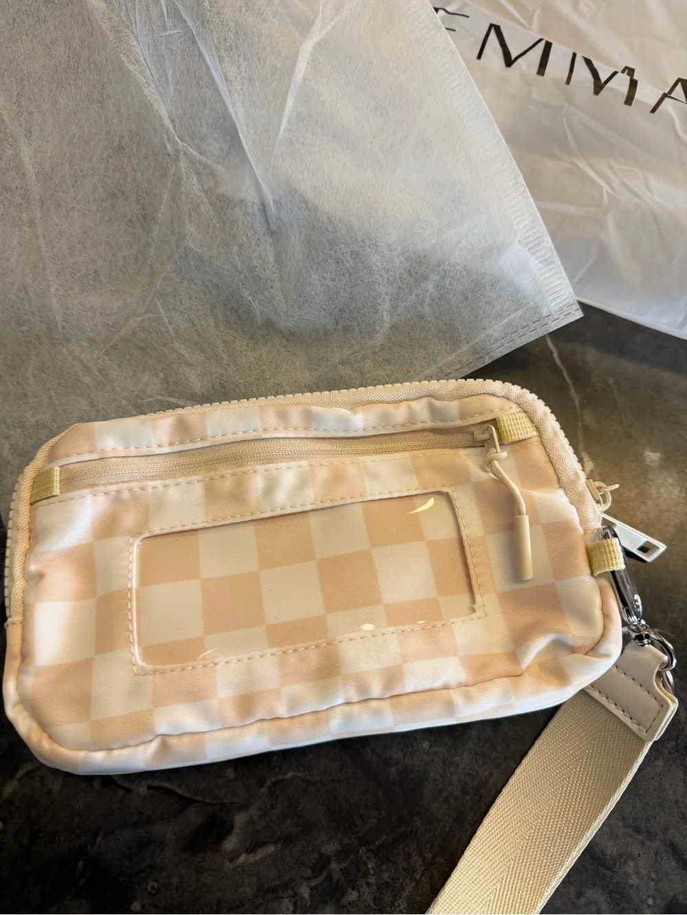 New Emmafy tan checkered crossbody/wristlet bag